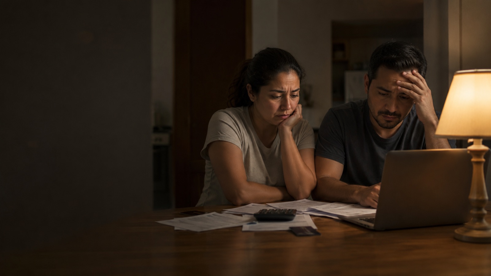 Pareja preocupada revisando sus deudas y cuentas en casa de noche